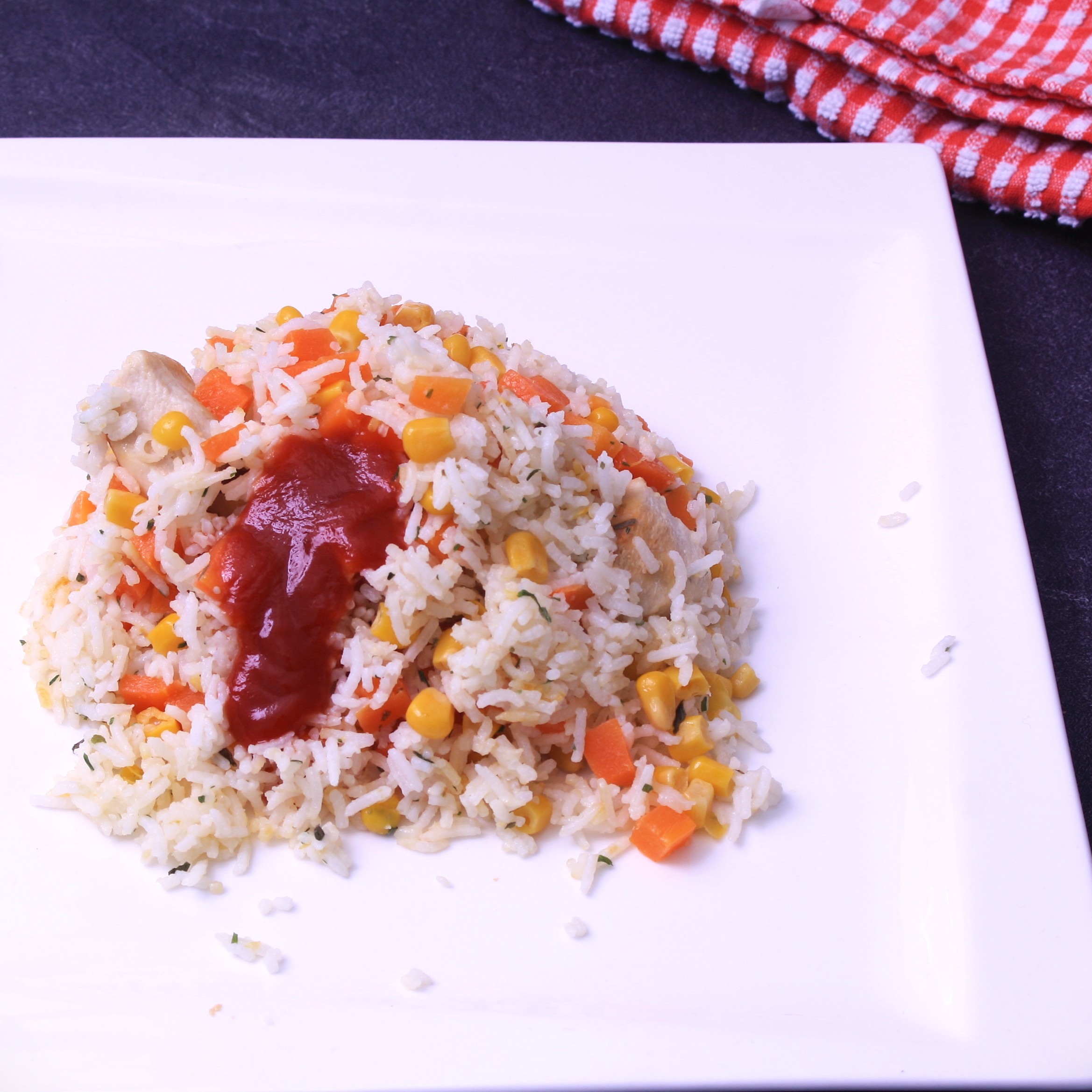 Poulet et riz, maïs sautés